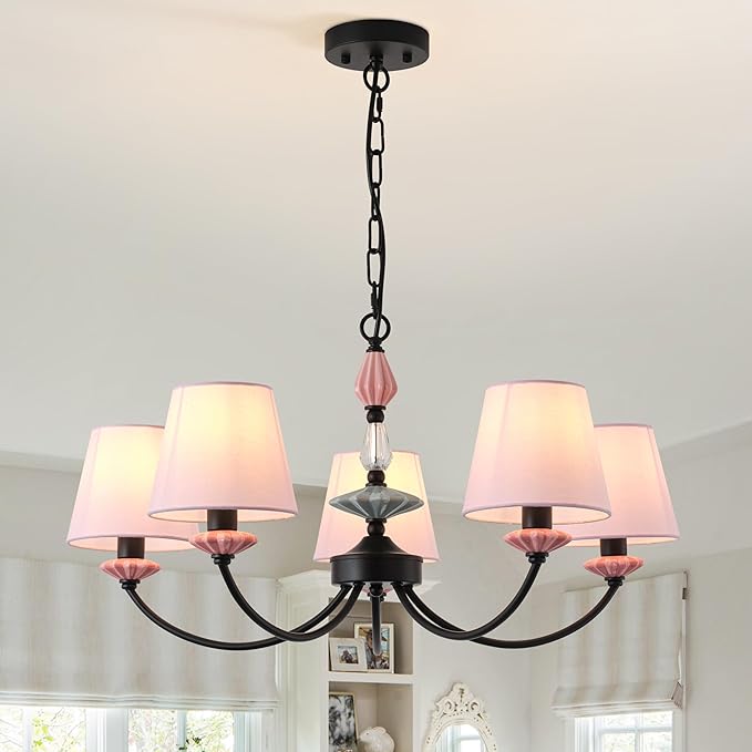 Pink Chandelier for Bedroom Light Fixture，Art Deco Chandelier with Fabric Shade,Antique Modern Chandeliers paired with Ceramic，Black Chandelier for Girls Bedroom，Living Room，Dining Room