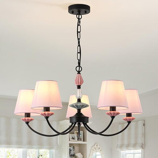 Pink Chandelier for Bedroom Light Fixture，Art Deco Chandelier with Fabric Shade,Antique Modern Chandeliers paired with Ceramic，Black Chandelier for Girls Bedroom，Living Room，Dining Room