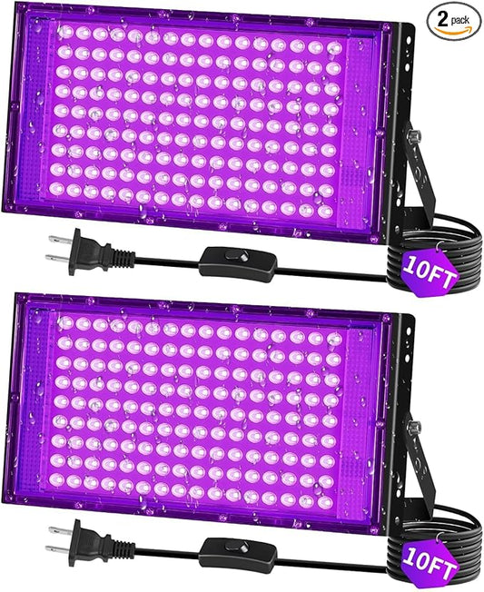 THECHAM 150W LED Black Lights IP66 Waterproof Black Light Outdoor with 10ft Plug+Switch, Flood Blacklight for Halloween Glow in The Dark Party Stage Light Neon Glow Birthday 2 Pack