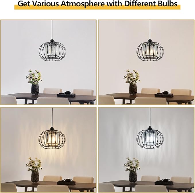XSDeTu Black Pendant Light Fixture, Farmhouse Hanging Lights with Crystal, Adjustable Mini Kitchen Pendant Light, Modern Industrial Metal Wire Caged Hanging Pendant Lamp for Living Room, Bedroom