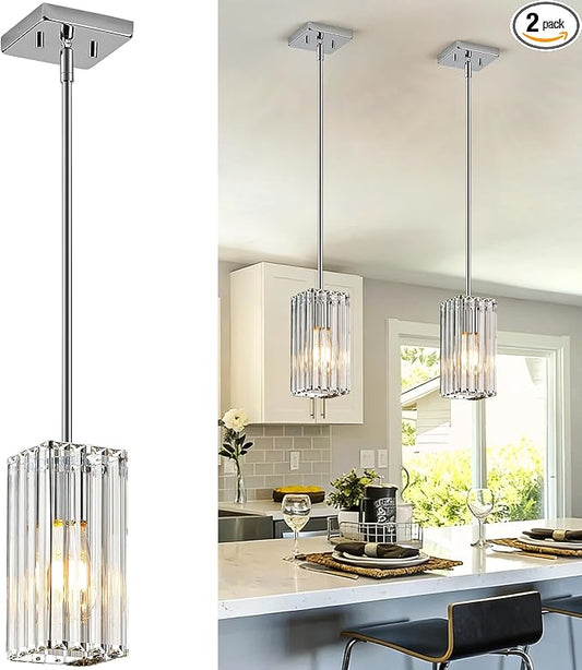 Modern Crystal Pendant Lights Kitchen Island, 2-Pack Chrome Hanging Light with Clear Crystal Shade, Adjustable Height Pendant Lighting for Kitchen Island Dining Room Bedroom Bar Entryway