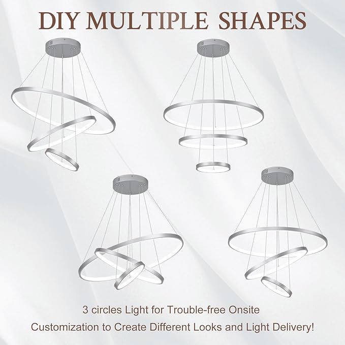 3 Ring Modern LED Chandelier Silver Dimmable Round Chandeliers, LED Circular Pendant Light Fixture with Remote Control for Living Room, Dining Room, Office, Entry, Bedroom
