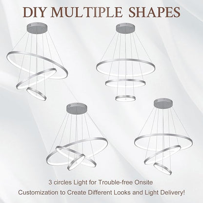 3 Ring Modern LED Chandelier Silver Dimmable Round Chandeliers, LED Circular Pendant Light Fixture with Remote Control for Living Room, Dining Room, Office, Entry, Bedroom