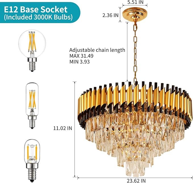 Depuley Modern Gold Crystal Chandelier: 24" 5-Tier K9 Crystal Hanging Light 9-Light Flush Mount Chandelier for Living Room Dining Room Entryway Bedroom Included Bulbs