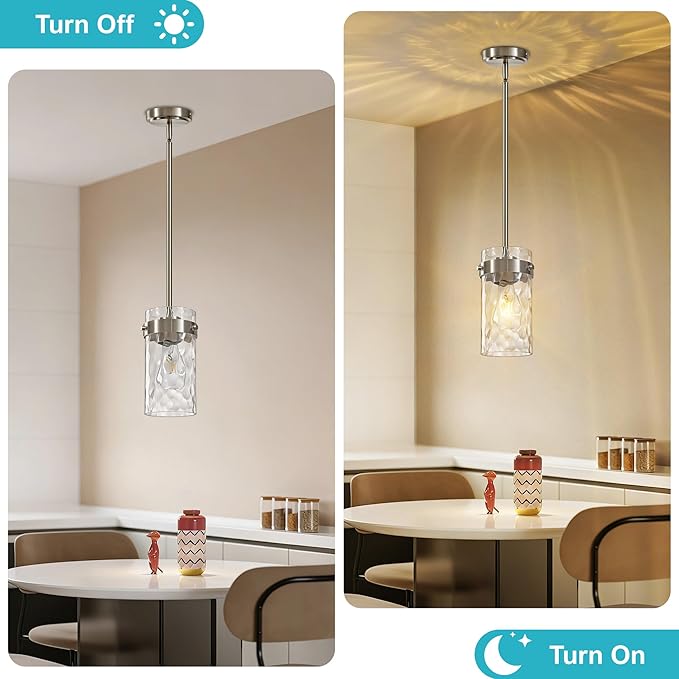 4.72" Hammered Glass Pendant Lighting for Kitchen Island 1 Pack, Modern Brushed Nickel Pendant Light Fixtures, Adjustable Ceiling Pendant Light for Kitchen Island Dining Room Bedroom Hallway