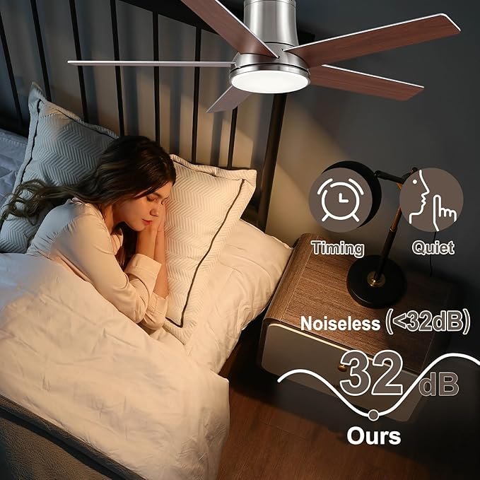 52 Inch Ceiling Fans with Lights and Remote,Nickel Flush Mount Ceiling Fan,Quiet 6 Speed Reversible DC Motor,3CCT Dimmable LED,3 Timers-Low Profile Design for Bedroom Kids Room Living Room