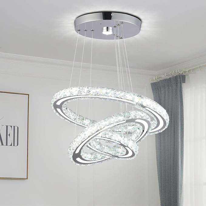 FRIXCHUR LED Crystal Ring Chandelier, Modern 3 Ring Chandelier Light Fixture, Adjustable Hanging Pendant Light for Dining Room Living Room Bedroom, Cool White
