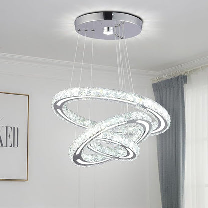 FRIXCHUR LED Crystal Ring Chandelier, Modern 3 Ring Chandelier Light Fixture, Adjustable Hanging Pendant Light for Dining Room Living Room Bedroom, Cool White