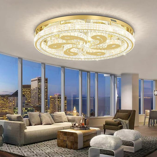 Modern Crystal Chandeliers for Dining Room Flush Mount Ceiling Chandelier for Living Room Dining Room Ring LED Crystal Ceiling Light (Round,40in Gold,Dimmable 2700K-6500K)