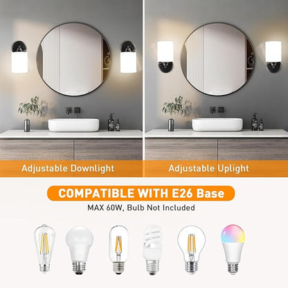 Wall Sconces Set of Two Bathroom Light Fixtures with Frosted Glass Shade, Modern Matte Black Wall Lights Vanity Lights, Sconces Wall Decor Set of 2 for Bathroom Bedroom Mirror (E26 Base)
