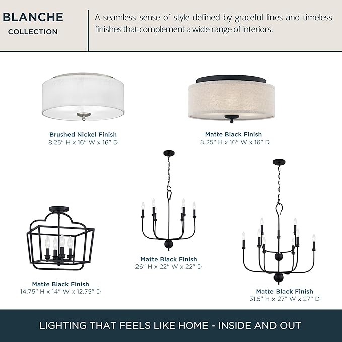 Quoizel Blanche 16" Flush Mount Ceiling Light with Premium Fabric Shade, Matte Black, ETL Damp Rated for Kitchen or Bath