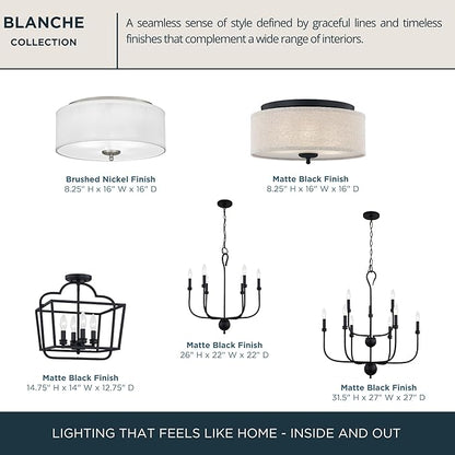 Quoizel Blanche 16" Flush Mount Ceiling Light with Premium Fabric Shade, Matte Black, ETL Damp Rated for Kitchen or Bath