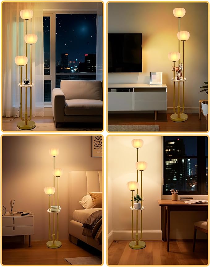Gold Floor Lamp with Table, Modern Dimmable Floor Lamps with Pumpkin Lampshade, 3000K Soft Warm White Bulbs Included, 3-Light Tall Standing Lamp with 5Lbs Heavy Base for Living Room/Bedroom