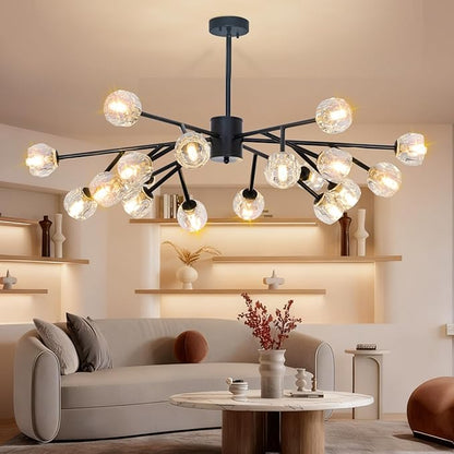Depuley Modern Black Sputnik Chandelier: 18-Light Large Crystal Glass Chandelier for Living Room - Kitchen Island Light Fixture Mid Century Hanging Lamp for Dining Room (Included G9 Bulbs)