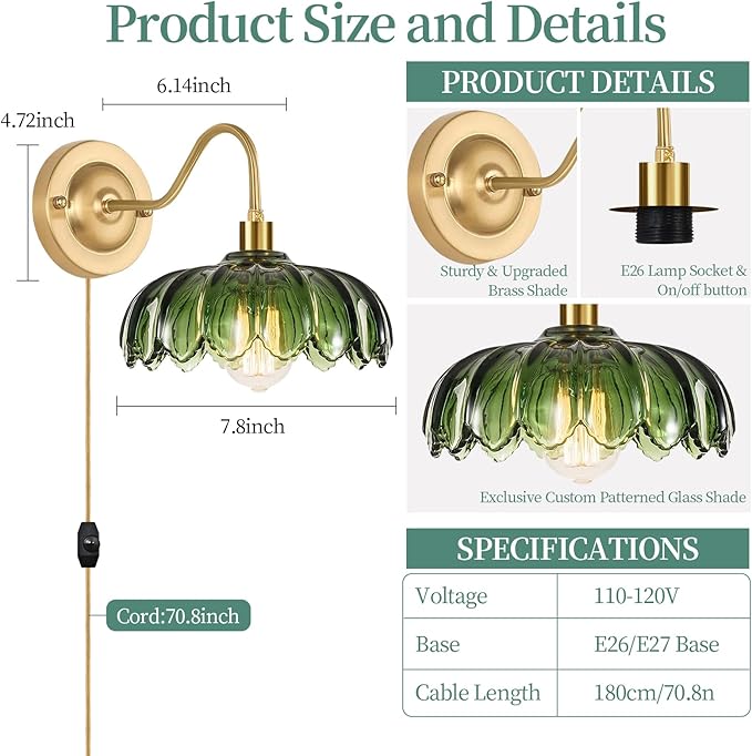 ZECOXOL Vintage Plug in Wall Sconces Set of Two,Dimmable Wall Sconces Lamp with Plug in Cord & Flower Glass Lampshade,Gold Sconces Wall Decor Set of 2 Plug in Wall Lights Sconces for Bedroom