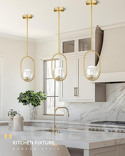 AUTELO Gold Pendant Lights, 1-Light Pendant Lights Kitchen Island in Brushed Gold Finish with Clear Globe Glass, Mid Century Pendant Light Fixtures, Gold Hanging Lights for Kitchen Island H9376 CLBG