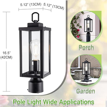 GRUENLICH Outdoor Post Lighting Fixture Pole Lantern, E26 Medium Base Max 60W, Metal Housing Plus Glass, Matte Black Finish, Bulb Not Included, 2 Pack