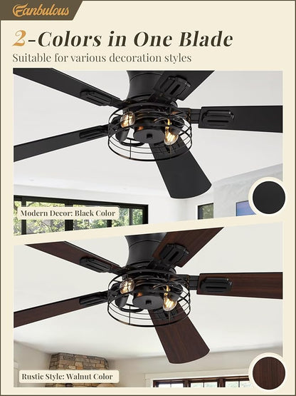 2 Pack Flush Mount 42 Inch Farmhouse Ceiling Fan with Light, Caged Ceiling Fans for Bedroom Living Room, Double-Sided 5 Blades Rustic Ceiling Fan-Black