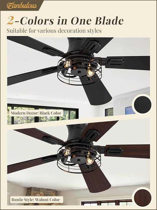 2 Pack Flush Mount 42 Inch Farmhouse Ceiling Fan with Light, Caged Ceiling Fans for Bedroom Living Room, Double-Sided 5 Blades Rustic Ceiling Fan-Black