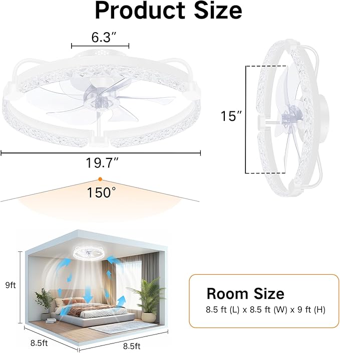 OUTON 20" Fandelier Low Profile Ceiling Fan with Light, Remote & App Control, Flush Mount Ceiling Fan with 3000K-6500K Stepless Dimmable, 6 Speed, Quiet DC Motor, Small Modern Fans for Bedroom White