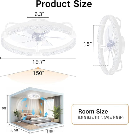 OUTON 20" Fandelier Low Profile Ceiling Fan with Light, Remote & App Control, Flush Mount Ceiling Fan with 3000K-6500K Stepless Dimmable, 6 Speed, Quiet DC Motor, Small Modern Fans for Bedroom White