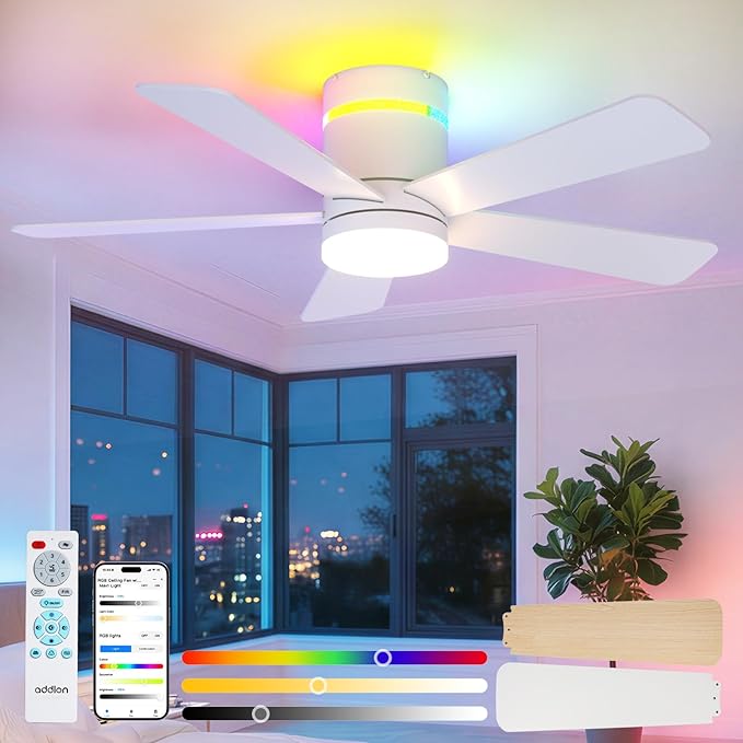 addlon RGB Ceiling Fans with Light, 42‘’ Low Profile Flush Mount Small Ceiling Fan, Remote Control/APP Control, Reversible, Sleek Modern Fan for Bedroom, Living Room, Kids Room, Indoor/Outdoor, White