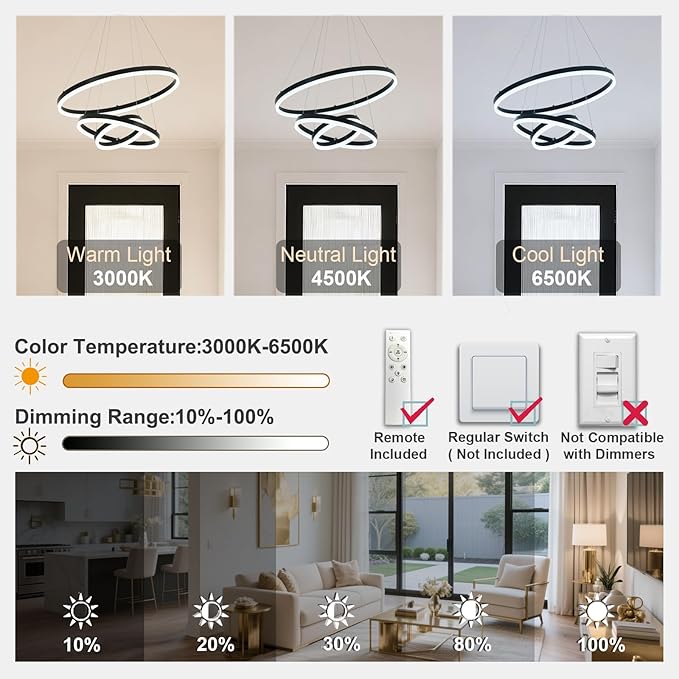 3 Rings Modern LED Chandelier Black High Ceiling Ring Chandeliers with Remote Control Circular Pendant Light Dimmable for Dining Room Living Room Bedroom Foyer Entryway 3000K-6500K