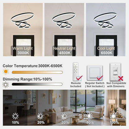 3 Rings Modern LED Chandelier Black High Ceiling Ring Chandeliers with Remote Control Circular Pendant Light Dimmable for Dining Room Living Room Bedroom Foyer Entryway 3000K-6500K