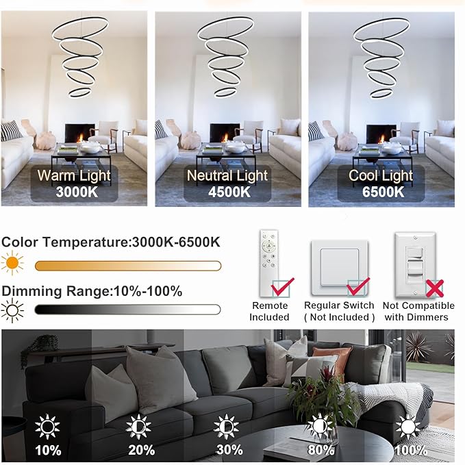 5 Rings Modern LED Chandelier Black Large High Ceiling Chandeliers with Remote Control Contemporary Pendant Light Dimmable for Staircase Entryway Living Room Foyer Villa(3000K-6500K D31.5)