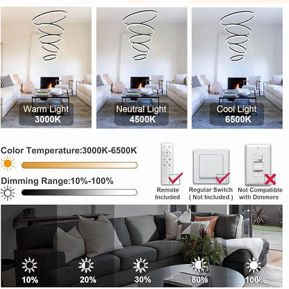 5 Rings Modern LED Chandelier Black Large High Ceiling Chandeliers with Remote Control Contemporary Pendant Light Dimmable for Staircase Entryway Living Room Foyer Villa(3000K-6500K D31.5)