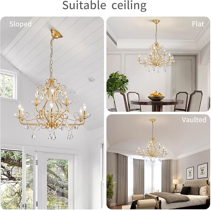 WUZUPS 9-Light Crystal Candle Chandelier Pendant Flushmount Ceiling Light Modern Lighting Fixture for Bedroom Hallway Bar Kitchen Bathroom, H 18.1" x W 25.6", Gold, E12 Base