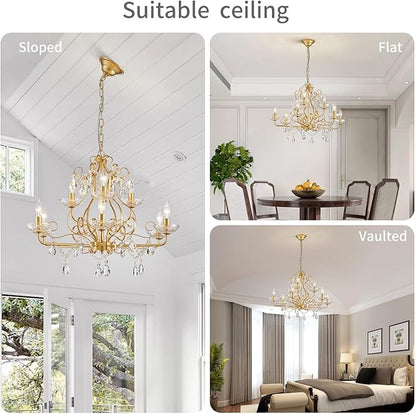 WUZUPS 9-Light Crystal Candle Chandelier Pendant Flushmount Ceiling Light Modern Lighting Fixture for Bedroom Hallway Bar Kitchen Bathroom, H 18.1" x W 25.6", Gold, E12 Base