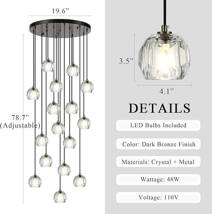 Large Crystal Pendant Light Fixtures, LED Round Ceiling Hanging Lamps, Modern Raindrop Black Chandeliers for Dining Room Staircase Living Room Farmhouse