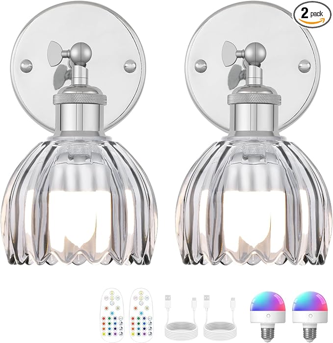 Vintage Battery Operated Wall Sconce, Smoky Gray Tulip Glass Lampshade Wireless Rechargeable Battery Powered LED Wall Light with Remote Dimmable for Bedside Bedroom Living Room, Silver, Set of 2