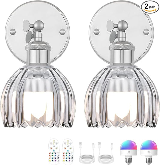 Vintage Battery Operated Wall Sconce, Smoky Gray Tulip Glass Lampshade Wireless Rechargeable Battery Powered LED Wall Light with Remote Dimmable for Bedside Bedroom Living Room, Silver, Set of 2