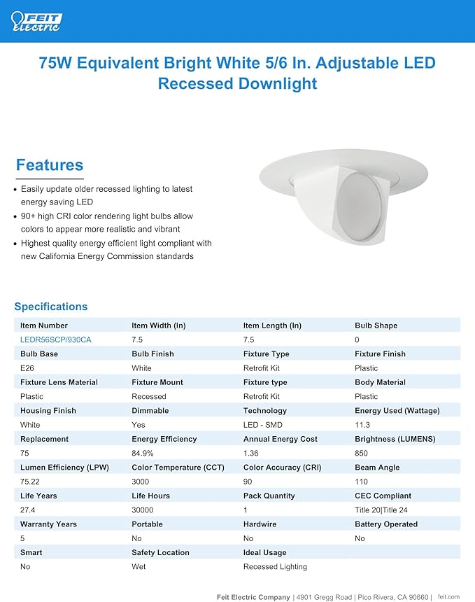 Feit Electric 5-6 inch Adjustable Scoop Recessed LED Downlight, 3000K Bright White, Dimmable, 75W Equivalent, 45 Year Life, 850 Lumen, High CRI, LEDR56SCP/930CA