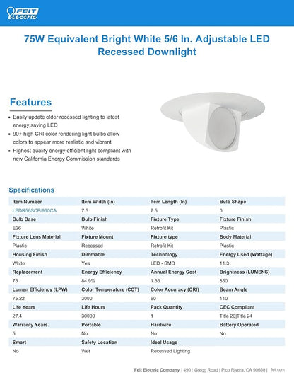 Feit Electric 5-6 inch Adjustable Scoop Recessed LED Downlight, 3000K Bright White, Dimmable, 75W Equivalent, 45 Year Life, 850 Lumen, High CRI, LEDR56SCP/930CA