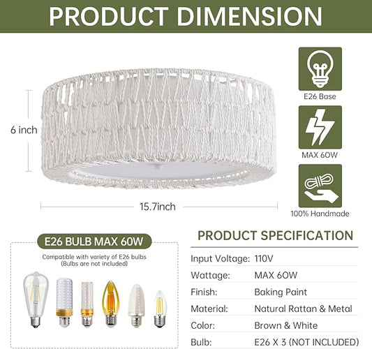 Boho Flush Mount Ceiling Light, 3-Light Rattan Light Fixture White Bedroom Light Fixtures 15.7" Modern Ceiling Light for Nursery Hallway Entryway Kitchen Dining Room