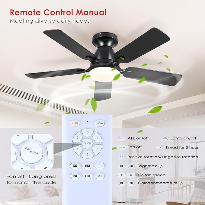 Mpayel 52 Inch Ceiling Fans with Lights and Remote, Black Ceiling Fan with Light Flush Mount, Low Noise, Reversible, Dimmable, Modern Low Profile Ceiling Fan with Light for Bedroom Indoor Outdoor