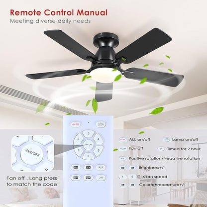 Mpayel 52 Inch Ceiling Fans with Lights and Remote, Black Ceiling Fan with Light Flush Mount, Low Noise, Reversible, Dimmable, Modern Low Profile Ceiling Fan with Light for Bedroom Indoor Outdoor