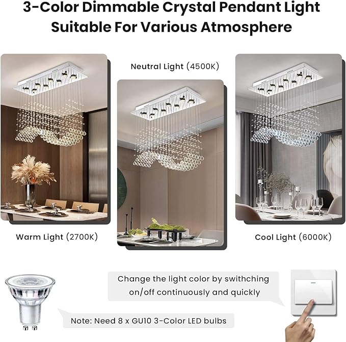 Siljoy 8-Light Modern Wave Raindrop Crystal Chandelier, Luxury Chrome Rectangular Flush Mount Crystal Pendant Ceiling Light for Dining Living Room Kitchen Island L31.5'' x W12'' x H28''