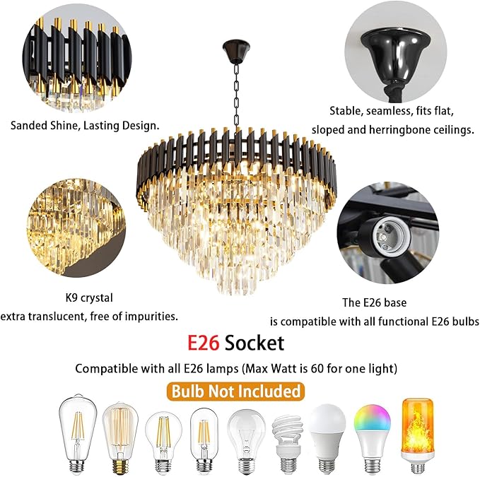 24 inch Black Gold Crystal Chandelier 5-Tier Modern Luxury Pendant Light Fixture for High Ceiling 10-Light Large K9 Crystal Lighting for Foyer Living Room Dining Room