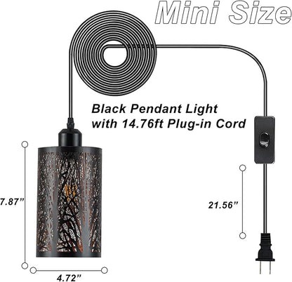 Industrial Black Plug in Pendant Light Vintage Mini Black Gold Hanging Lighting Rustic Hollow-Carved Cylinder Plug-in Pendant Light for Kitchen Island, Bedroom, Dining Room, Hallway