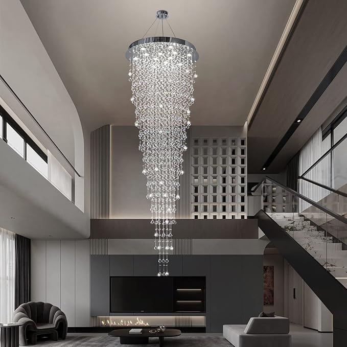 Modern Large Crystal Chandelier for High Ceilings, Raindrop Round Large Foyer Chandelier, Luxury Flush Mount Ceiling Light Fixture for Stairse Entryway Living Room Dia 32" x H 96"-12 Lights
