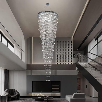 Modern Large Crystal Chandelier for High Ceilings, Raindrop Round Large Foyer Chandelier, Luxury Flush Mount Ceiling Light Fixture for Stairse Entryway Living Room Dia 32" x H 96"-12 Lights