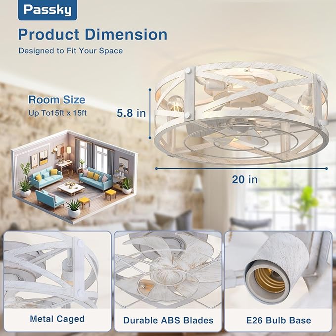 Passky 20" Farmhouse Flush Mount Ceiling Fans with Lights and Remote, Industrial White Caged Low Profile Fandelier, 6 Speeds Bladeless Ceiling Fan for Bedroom, Kitchen, Living Room