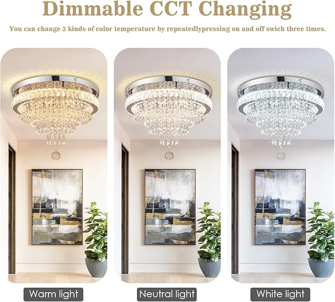 FRIXCHUR 19.7" Crystal Chandelier Crystal Ceiling Light Modern LED Flush Mount Chandeliers Light Fixture for Bedrooms Living Dining Room 2700K/4000K/6500K Changeable Color