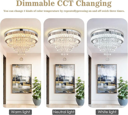 FRIXCHUR 19.7" Crystal Chandelier Crystal Ceiling Light Modern LED Flush Mount Chandeliers Light Fixture for Bedrooms Living Dining Room 2700K/4000K/6500K Changeable Color