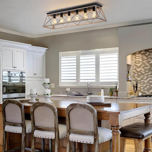 38" Large Rectangular Flush Mount Ceiling Light Fixture, 6-Light Vintage Industrial Farmhouse Cage Chandelier for Dining Room Kitchen Island Living Room Hallway, Oak White Close to Ceiling Lighting