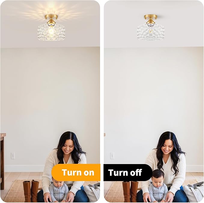 Daunton Small Semi Flush Mount Ceiling Light Fixture, Vintage Gold Close to Ceiling Lighting with Hammered Glass Shade for Hallway, Kitchen, Entryway (Retro Design, Easy Install)